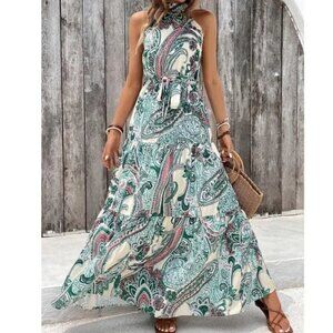 Boho Paisley Print Belted Halter Maxi Dress